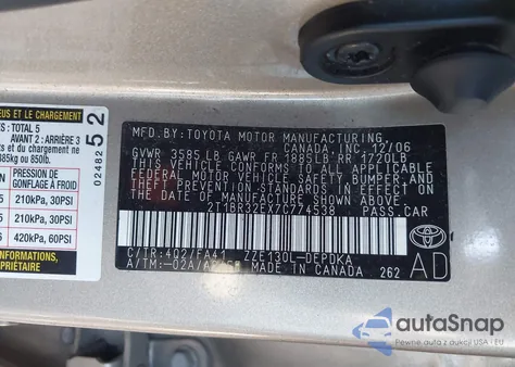 2007 Toyota Corolla Ce z USA, uszkodzony, nr VIN 2T1BR32EX7C774538